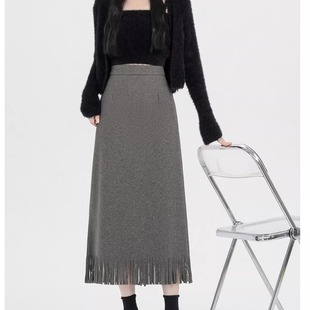 灰色加厚毛呢料流苏半身裙女冬装 高腰a字裙直筒显瘦一步包臀裙子