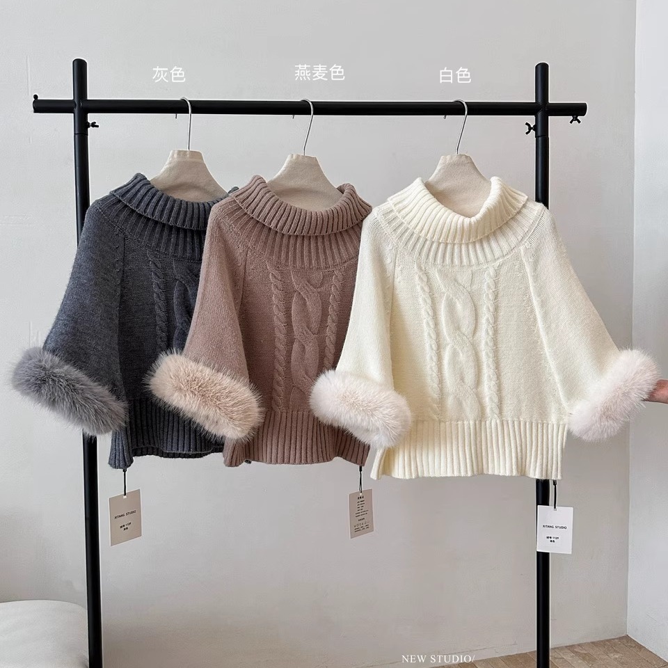 "古早氛围"可拆毛毛宽松套头高领麻花针织斗篷一字肩毛衣外套上衣