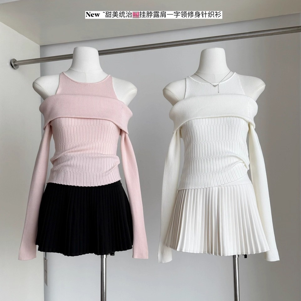 巨好看的假两件一字肩内搭针织衫