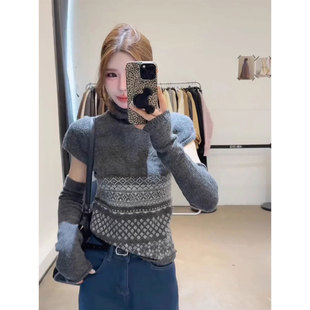 韩系灰色高领提花针织衫女春秋独特漂亮毛衣内搭打底短款袖套上衣