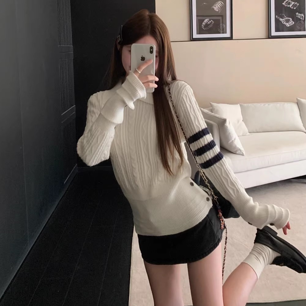 法式翻领长袖毛衣女秋冬季设计感