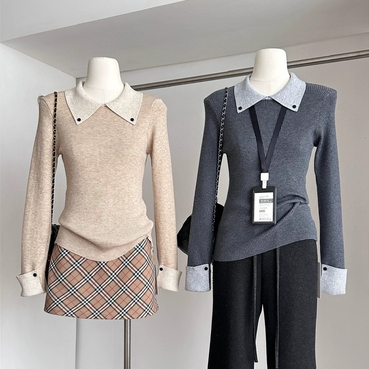 灰色假两件针织衫女秋冬内搭毛衣