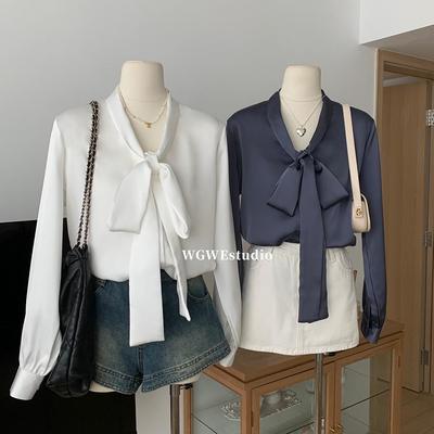 法式丝绸缎面垫肩长袖衬衫女早秋