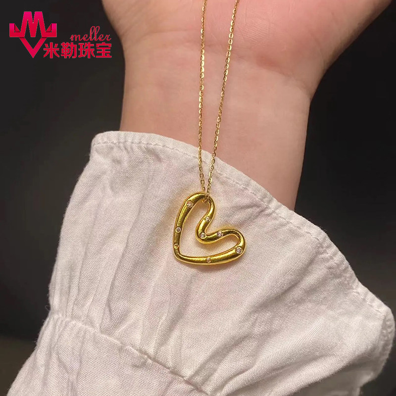 古法黄金爱心吊坠 足金不规则爱心錾刻点钻镶石DIY心形手链送女友