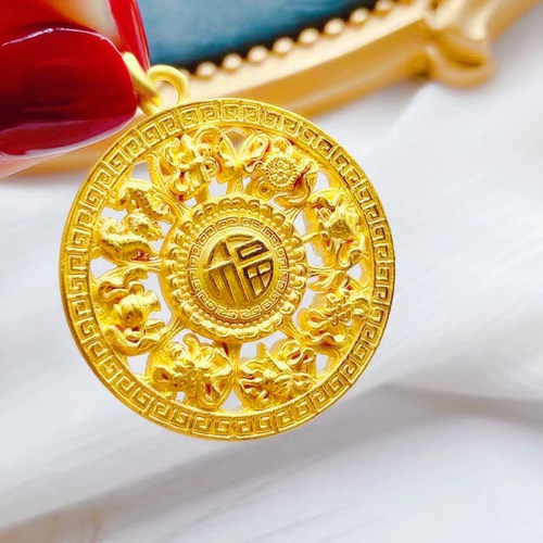 3d黄金招财进宝圆牌足金吊坠