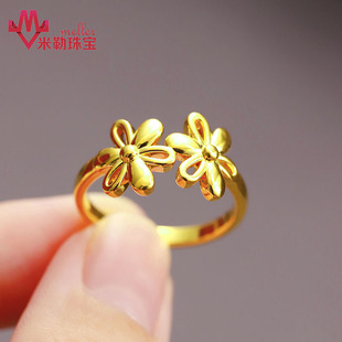 5D硬金无氰花朵戒指 足金999小雏菊黄金双花指环女款素圈指环