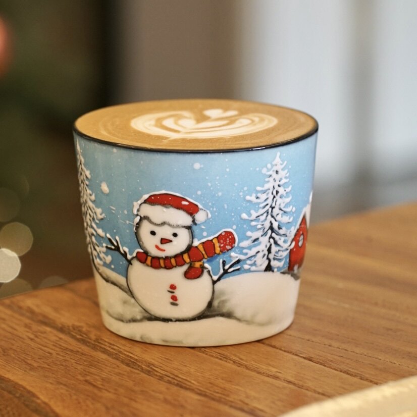 花间树里。景德镇手绘釉下彩雪人红房子咖啡杯拉花杯猪口新年礼物,餐饮具,咖啡杯,淘宝优惠券,粉丝福利购,淘宝优惠卷