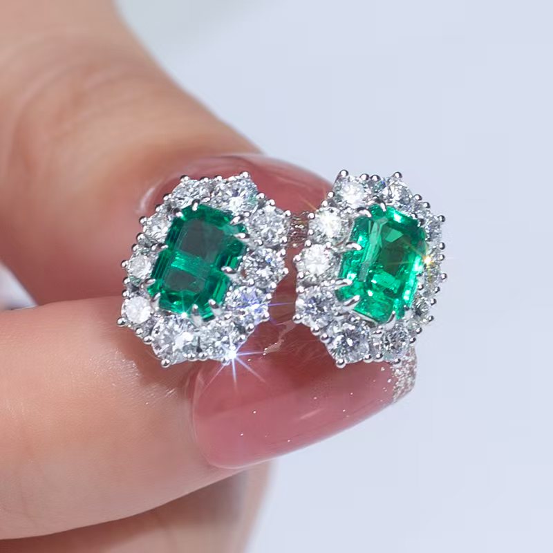 佳兴钻石18K金镶嵌培育祖母绿配实验室培育钻耳钉百搭彩宝耳饰女