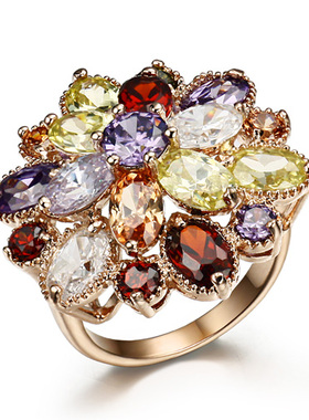 欧美夸张玫瑰金花朵戒指环水晶韩版时尚潮人食指戒女个性KA282