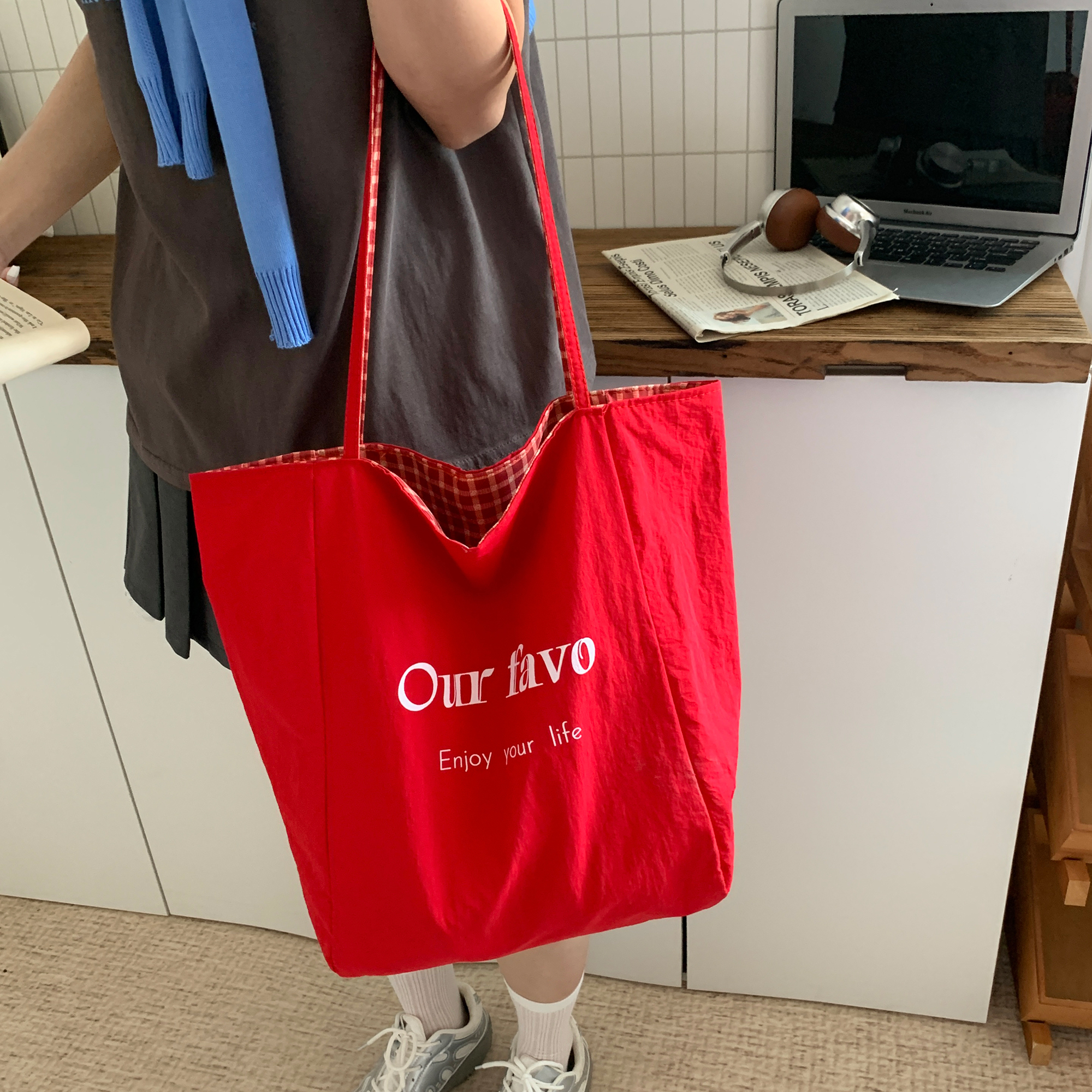 日系ins风条纹帆布袋 托特包学生大容量手提包休闲通勤单肩包包女