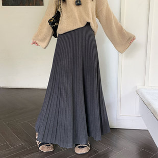 秋冬百褶裙长款女士2025新款高个子垂感大摆a字针织半身裙冬加厚