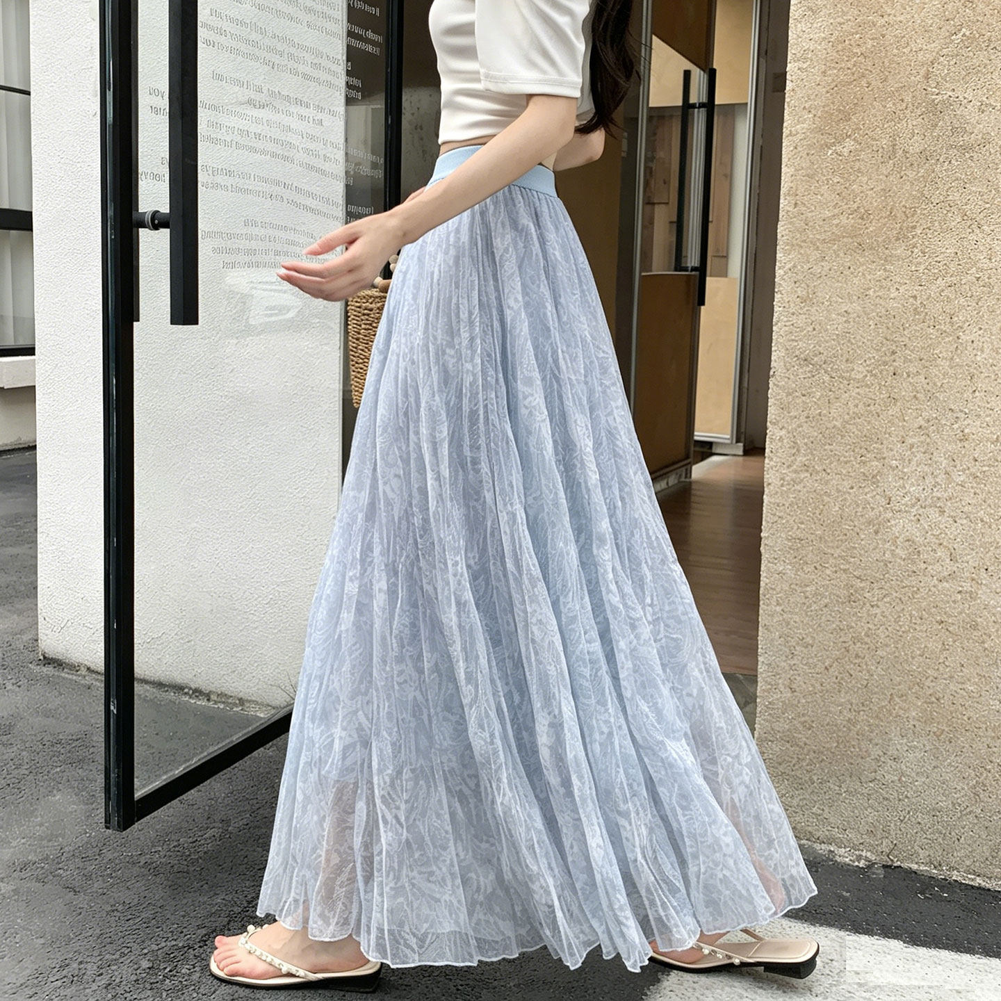 印花网纱半身裙女2026春夏新款高腰显瘦大摆伞裙垂感百褶仙女长裙