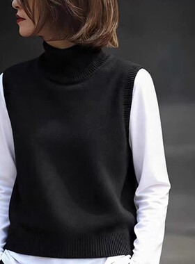 短款黑色高领羊绒马甲背心女坎肩