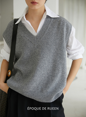 25春秋韩国同款大码宽松短款灰色V领羊绒马甲背心女无袖毛衣坎肩