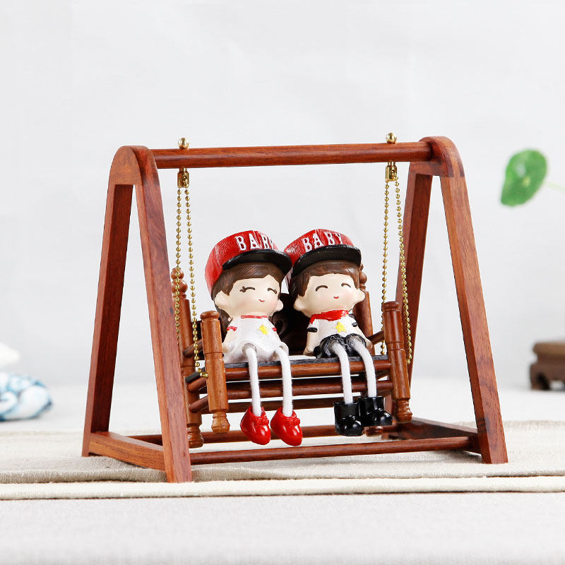 红木摆件花梨木实木荡秋千情侣恋人装饰品家居喜庆娃娃结婚礼物