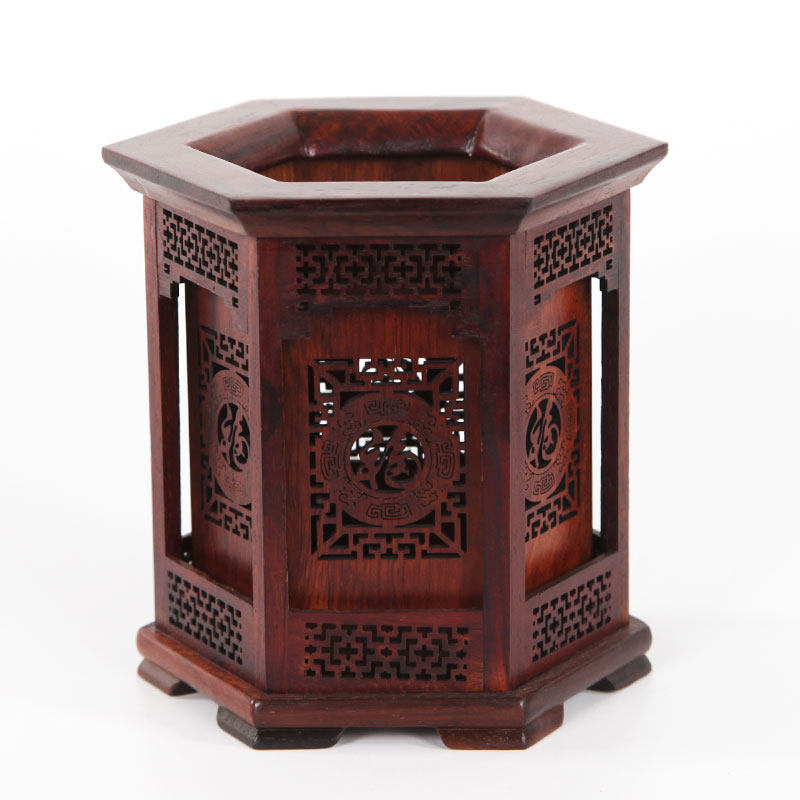 树林丰红木雕刻工艺品毛笔筒明清古典实木笔筒红酸枝六角笔筒礼品