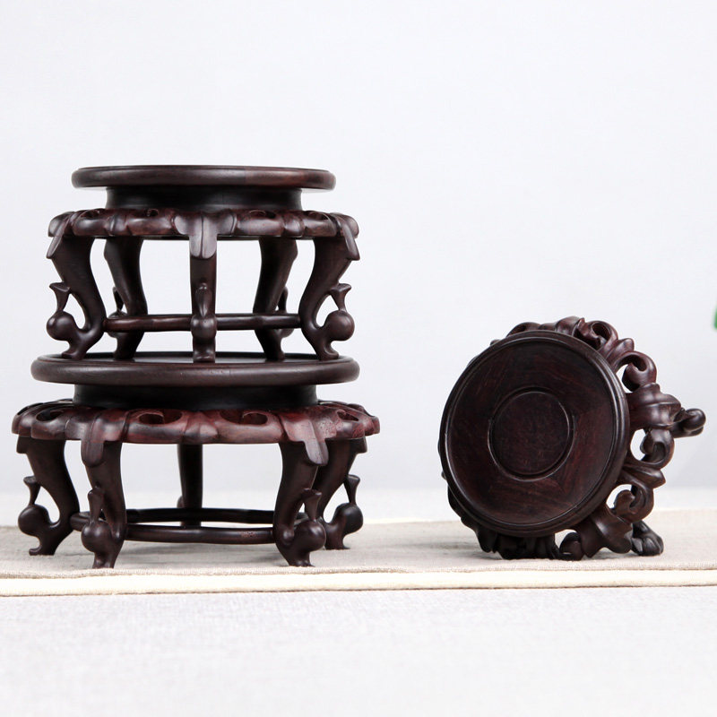 紫檀木圆形底座实木质海棠几木雕工艺品奇石头花盆花瓶底座木托架