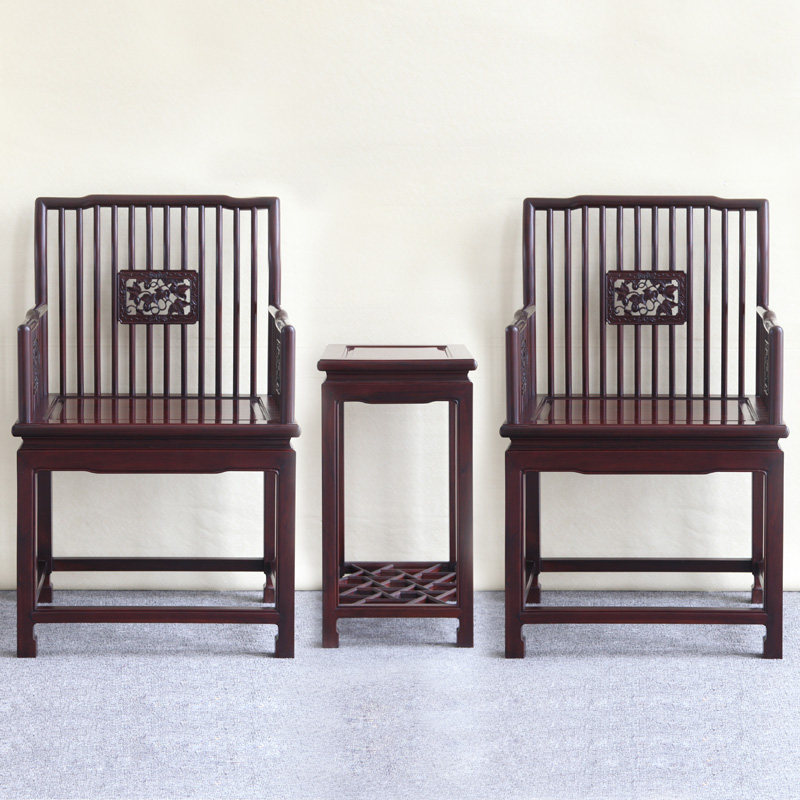 红木家具黑檀木酸枝木笔杆椅围椅三件套实木仿古中式靠背椅太师椅