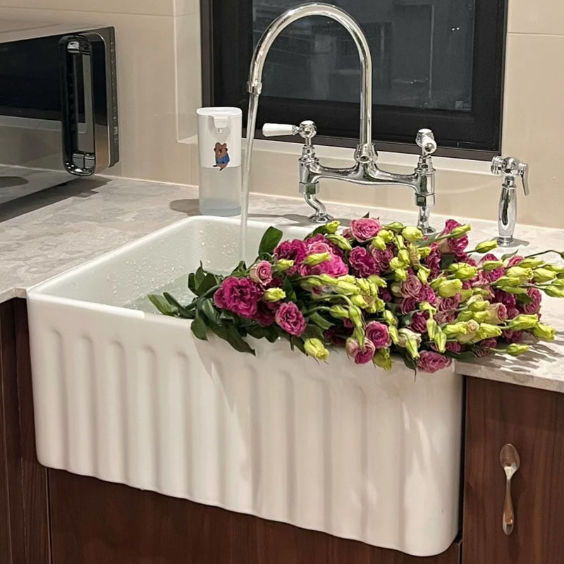 厨房陶瓷菜盆水槽大单盆竖纹框形深底大菜盆室外洒店洗衣盆33寸30