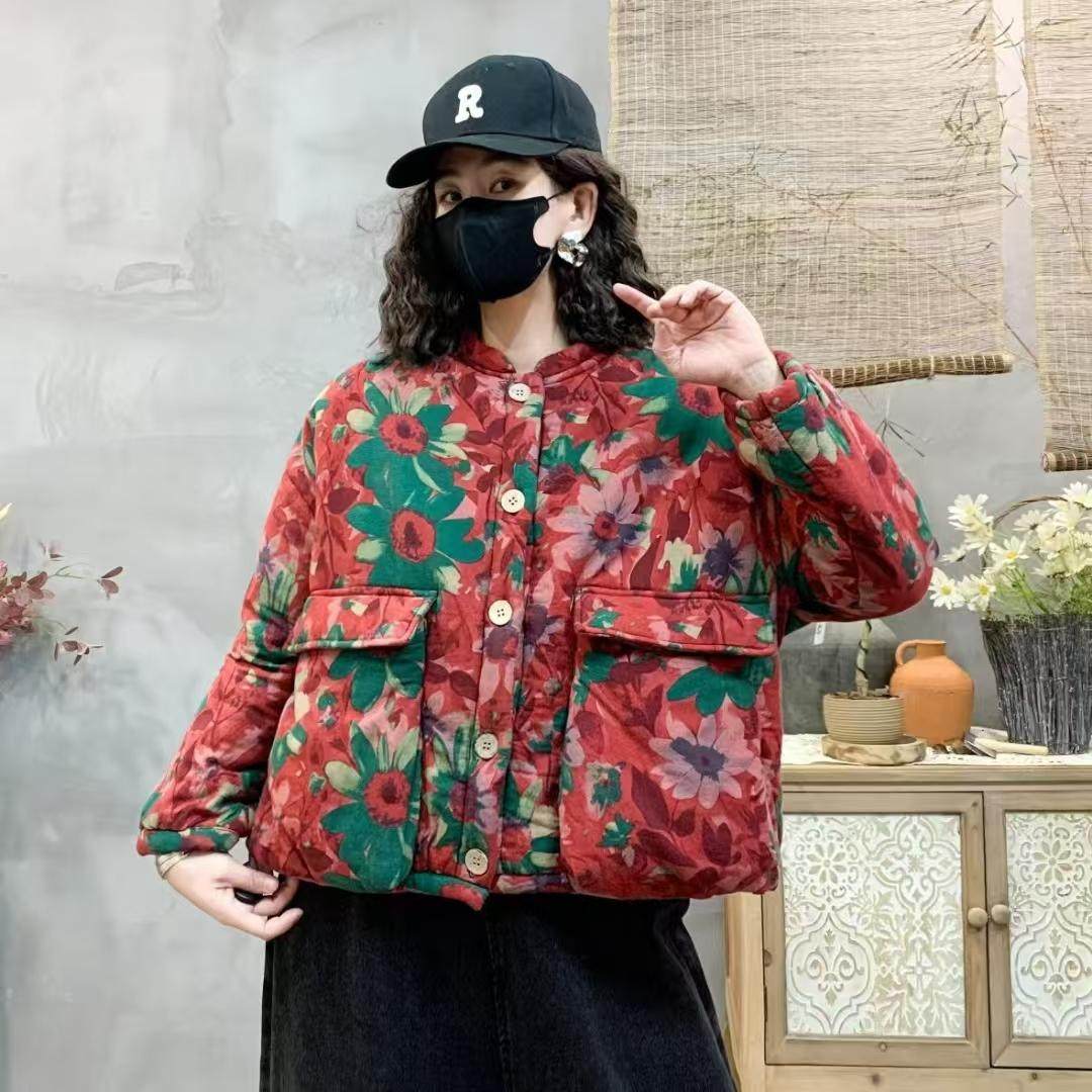 棉麻复古新中式民族风红色上衣盘扣东北大花女小棉袄短款棉衣外套