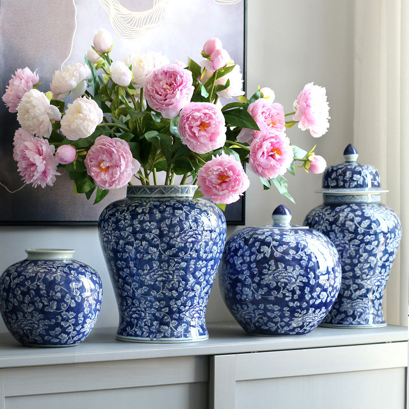 景德镇陶瓷青花瓷花瓶摆件客厅插花新中式高级感釉下彩将军罐花器