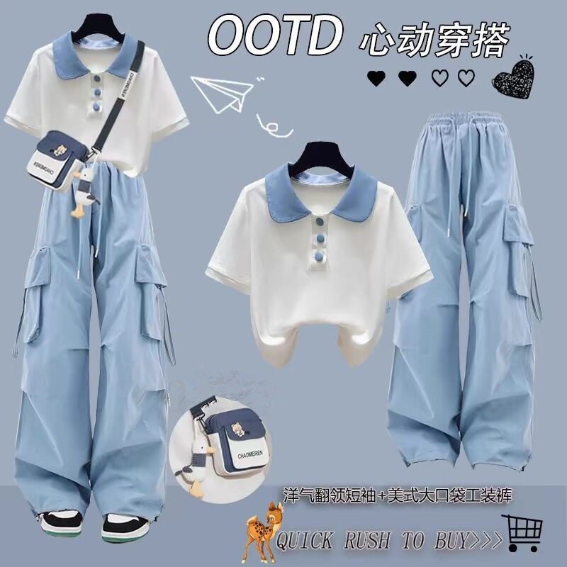 夏季中大童洋气短袖+工装裤套装图片