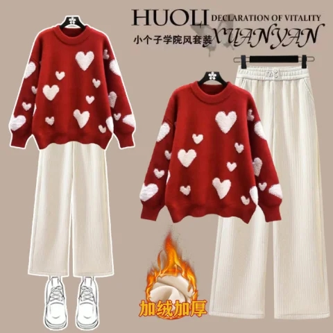 初高中生大童2026秋冬装新款马年本命年红色毛衣新年少女衣服套装