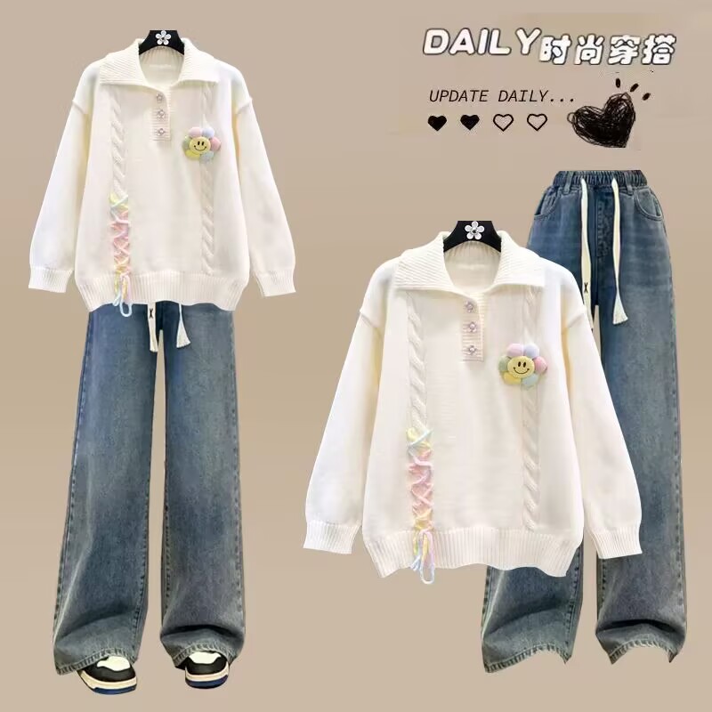 秋冬新款大童毛衣牛仔裤时尚套装