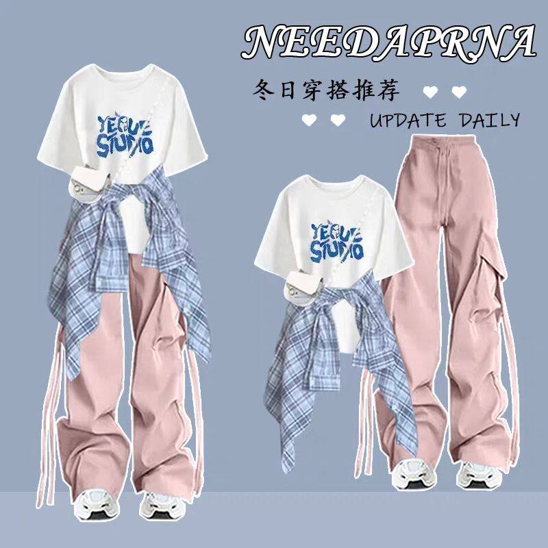 短袖T恤女大童夏季新款初高中学生休闲套装夏日多巴胺穿搭三件套