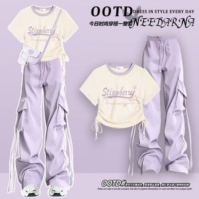 夏天中大童少女时尚工装裤两件套