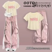 短袖 女中大童多巴胺套装 T恤两件套 超酷拽姐时髦工装 裤 夏季 2025款