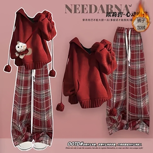 少女圣诞战袍穿搭大童红色连帽毛衣女秋冬季加绒格子阔腿裤两件套