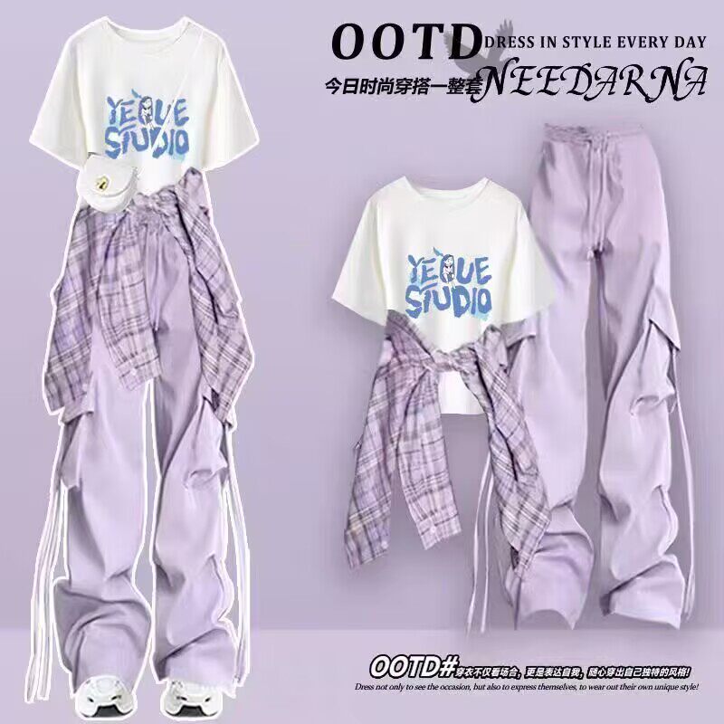 多巴胺穿搭套装高中初中生夏装大童少女衬衫短袖T恤工装裤三件套