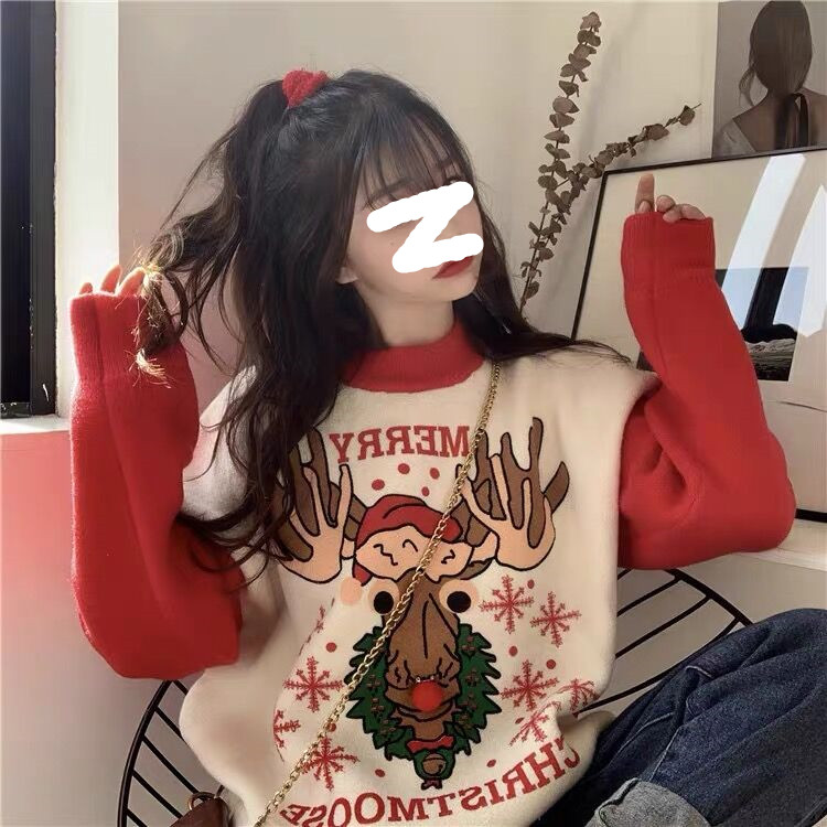 圣诞节红色毛衣女秋冬季新年复古网红麋鹿针织衫套头百搭少女衣服