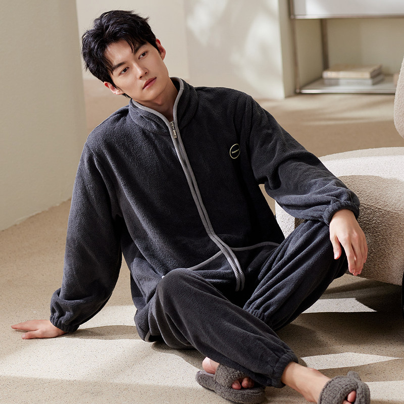 秋冬季珊瑚绒睡衣男款加绒加厚男士法兰绒开衫拉链宽松家居服套装