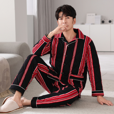 秋冬加厚男式纯棉睡衣三层夹棉保暖加绒条纹大码家居服冬天可外穿