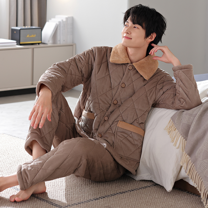男睡衣加绒加厚保暖灯芯绒棉袄三层夹棉长袖秋冬可外穿高档家居服