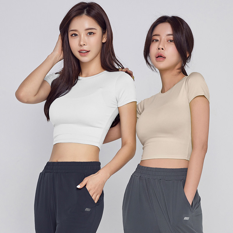 韩国瑜伽上衣女显瘦露脐弹力紧身