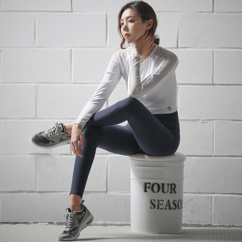 网纱透视性感紧身瑜伽服亲肤专业运动T恤长袖跑步健身高腰短上衣