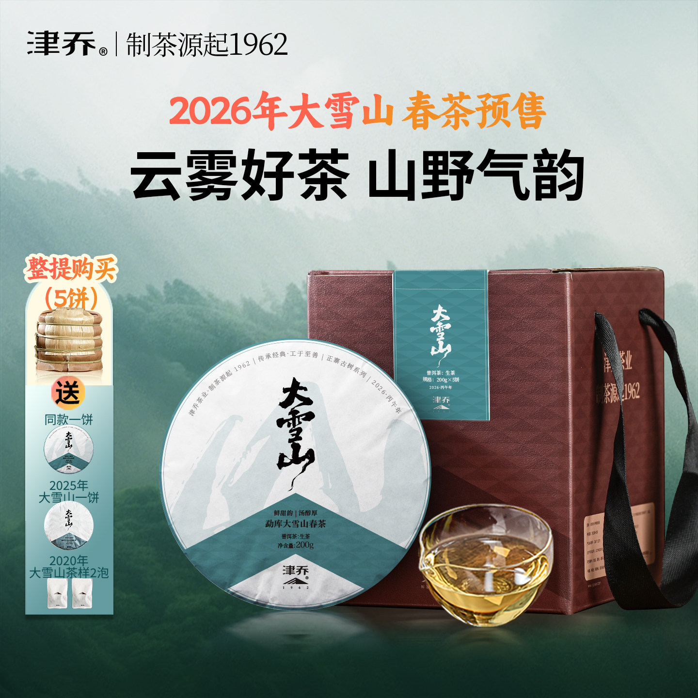 津乔普洱2026年大雪山云南春季古树茶叶春茶纯料普洱茶生茶饼200g
