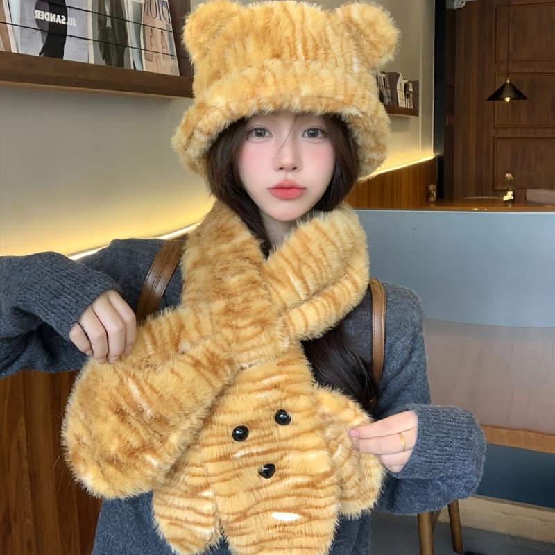 虎纹可爱小老虎毛绒耳朵渔夫帽子女2024冬季护颈加厚保暖卡通围脖