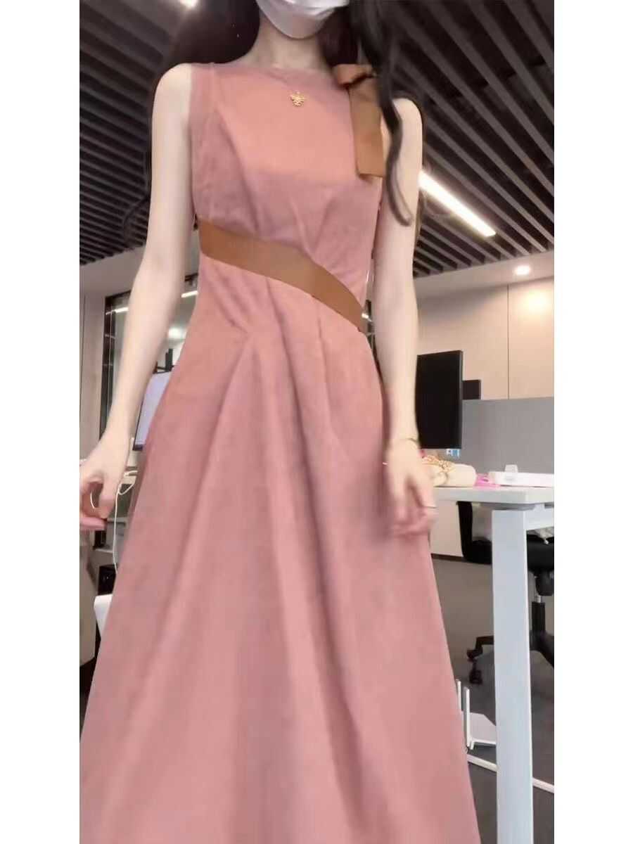 纯色清纯无袖粉色连衣裙女