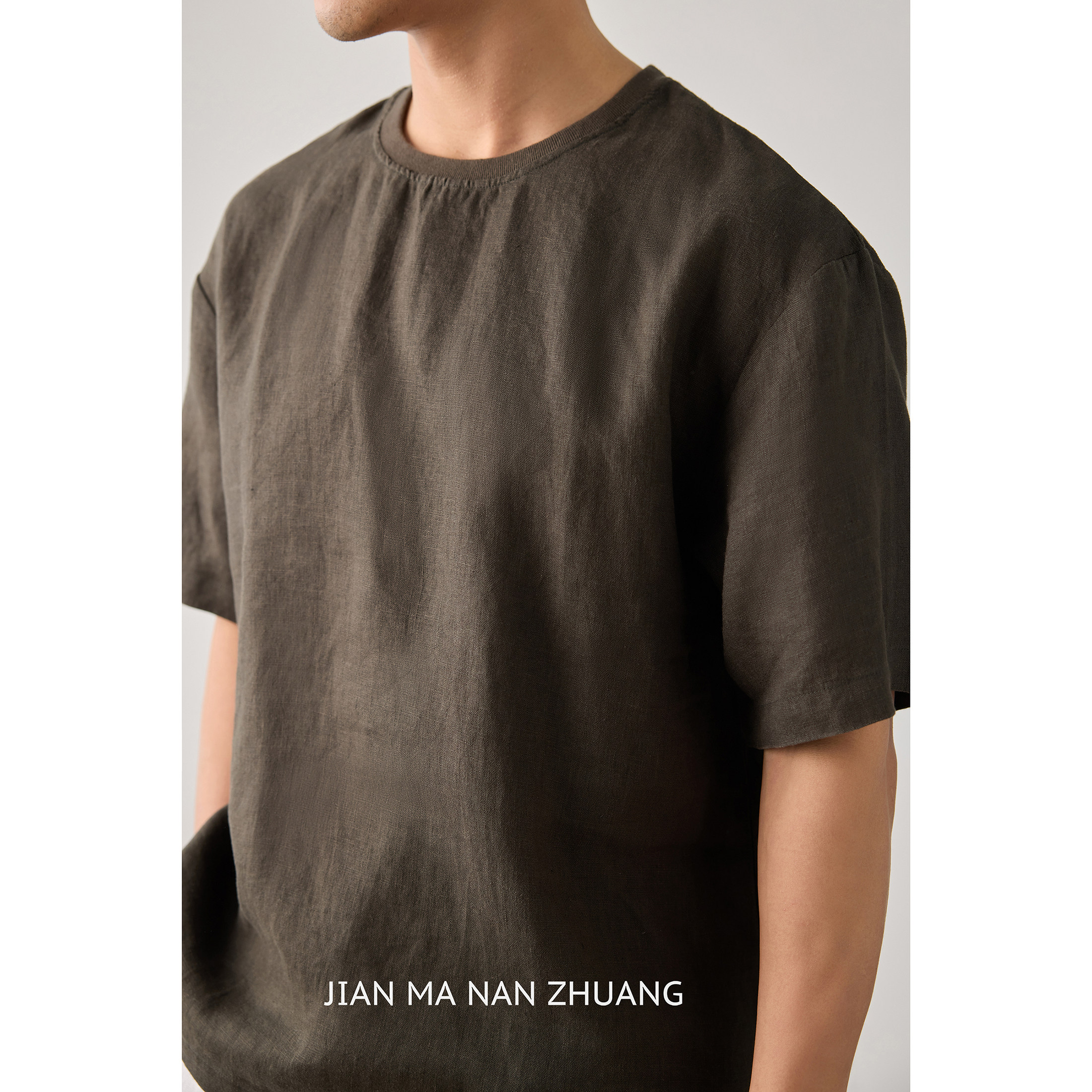 简麻男装纯亚麻简约纯色短袖T恤男夏季薄款透气宽松显瘦圆领上衣
