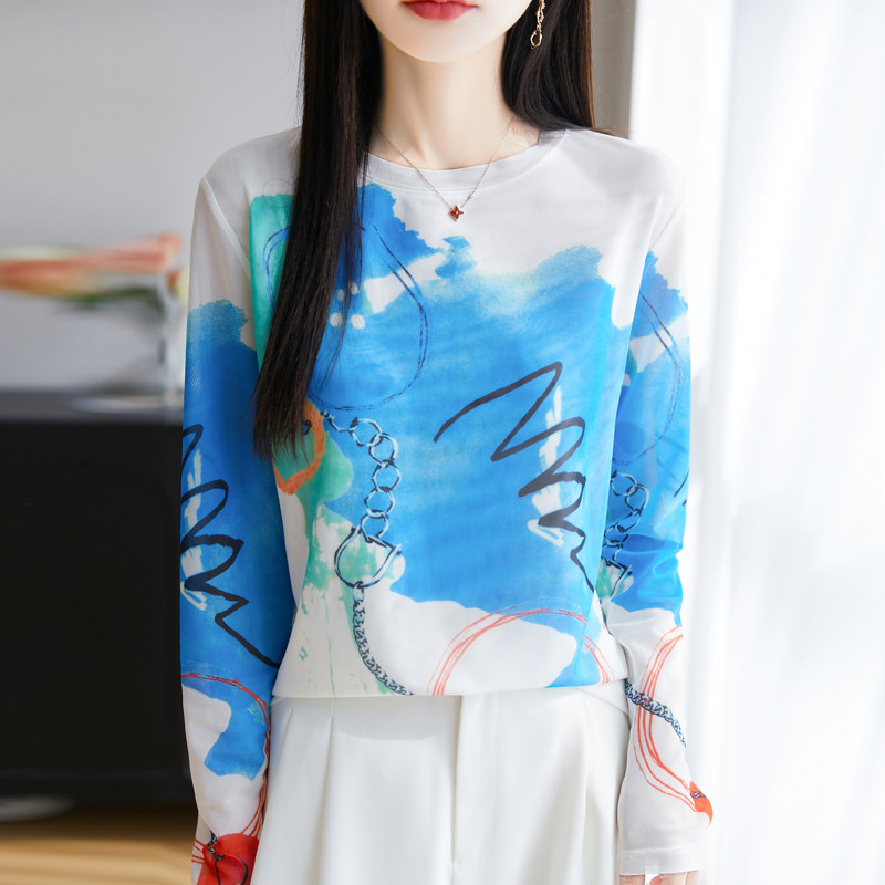 天丝网纱双层印花女长袖针织衫