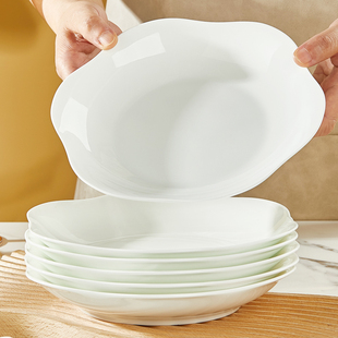 纯白骨瓷盘子菜盘家用荷叶盘子平盘方盘10个装陶瓷餐具加深菜盘子
