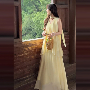 巨好看黄色无袖 吊带连衣裙子女夏2025新款 海边度假新中式 长裙套装
