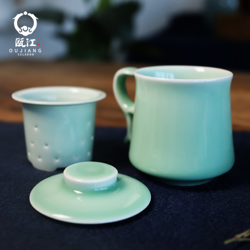 瓯江龙泉青瓷带盖大容量茶杯
