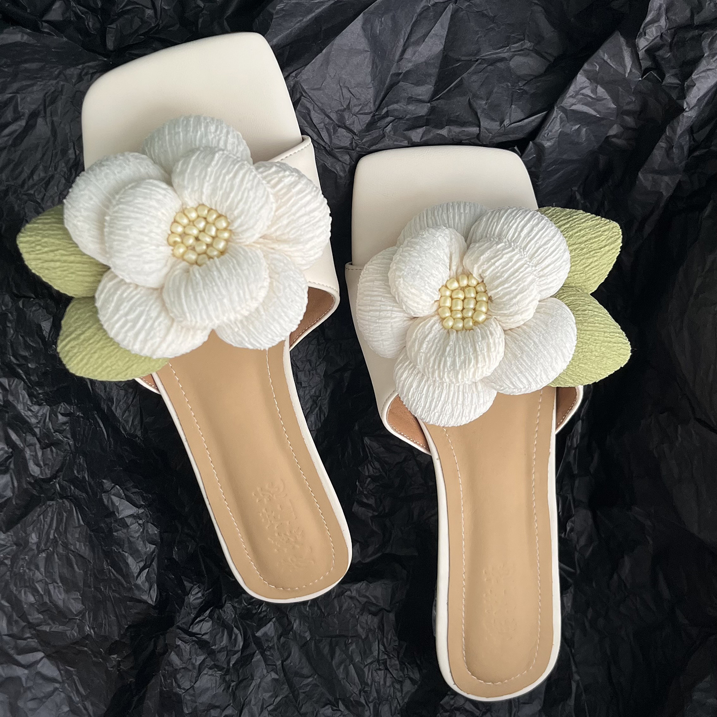 立体茶花手工鞋水晶中跟外穿凉拖