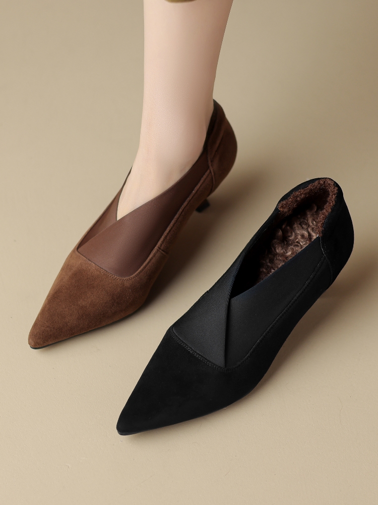 气质加绒保暖高跟深口单鞋女毛毛