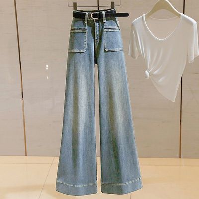 浅蓝色阔腿牛仔裤女2025秋季新款